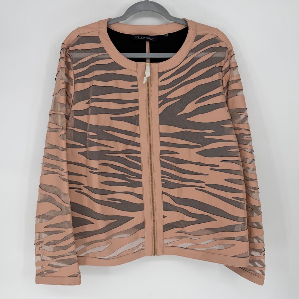 Colleen Lopez Blush Pink Faux Leather Zebra Mesh Zip Front Jacket 1X QVC
